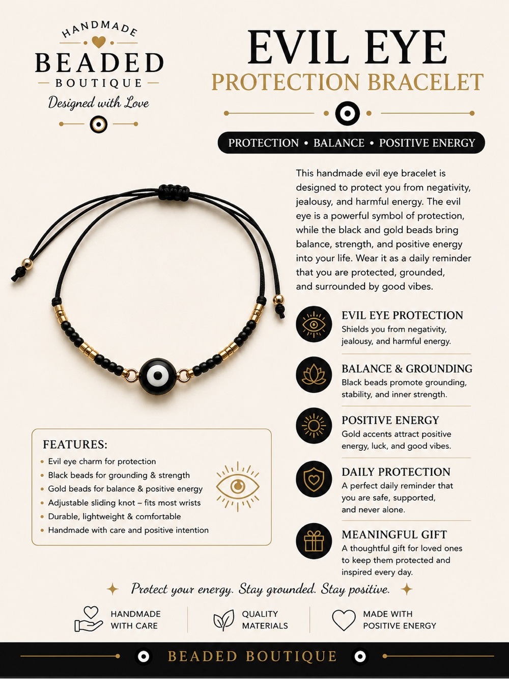 🧿Beaded Boutique Evil Eye Protection Bracelet - Black & Gold🧿